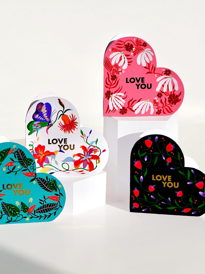 Heart Love You Card Set of 4, Floral Valentine Cards, Colorful Romantic Greeting Cards Love Romance Flower