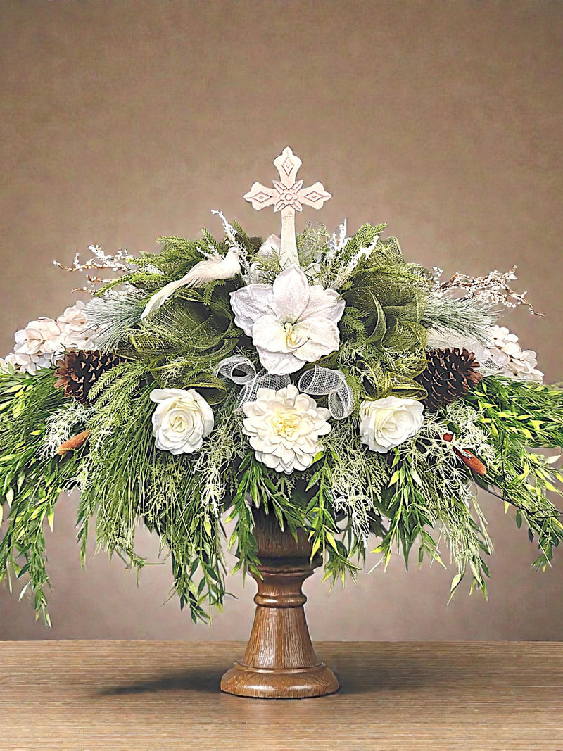 Evergreen Faith Cemetery Saddle Ð Memorial with Metal Cross, Pinecones, Doves sympathy flower