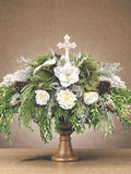 Evergreen Faith Cemetery Saddle Ð Memorial with Metal Cross, Pinecones, Doves sympathy flower