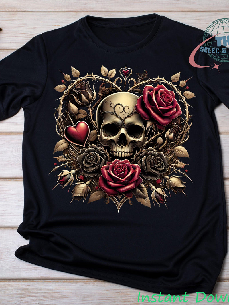 Dark Rose Heart Skull PNG | Gothic Valentine Love Sublimation Design Love Romance Flower