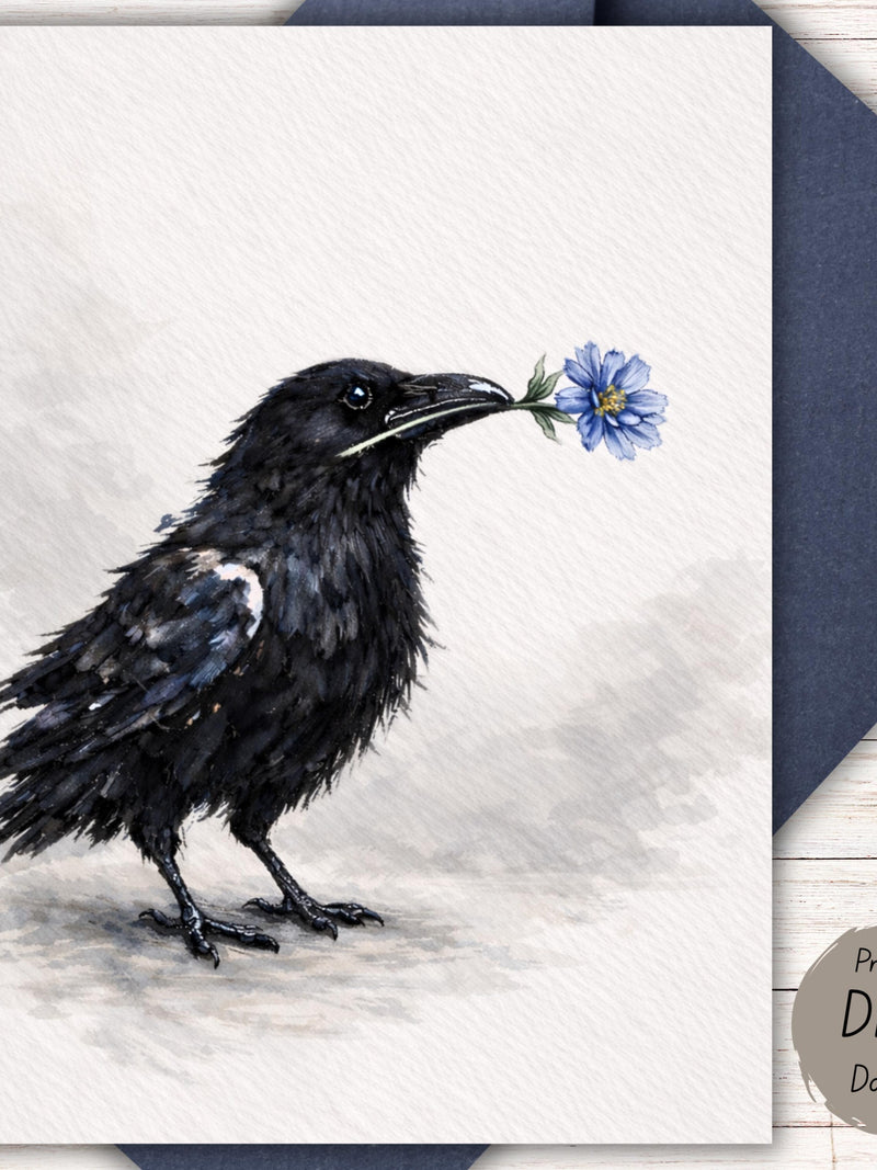 Raven with Wild Flower Note Card, Blank All Occasion Greeting Card, Thinking of You, Sympathy, Support, Thank You Card, Printable 5x7 sympathy flower