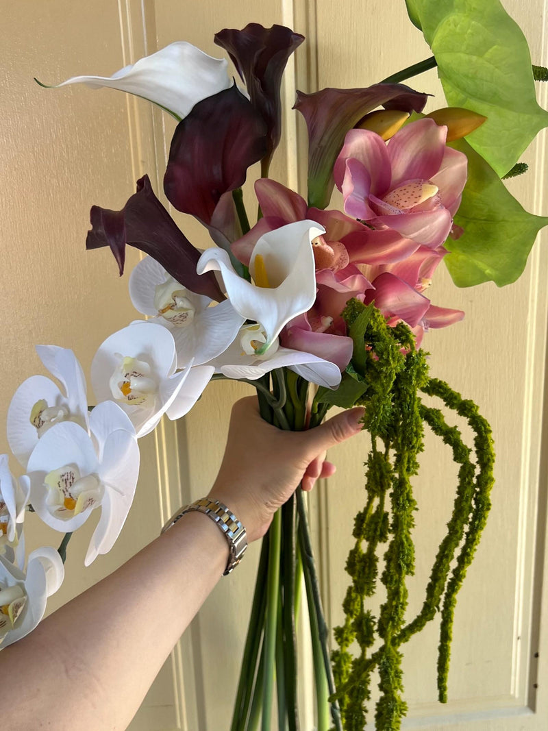 White Burgundy Mayve Green silk flower bridal bouquet: Calla lilly, cymbidium orchid, amaranthus, anthurium Bouquet