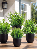 Set of 4 Mini Artificial Plants in Black Pots | faux greenery decor | small desk plants | bathroom shelf accents | low maintenance | modern faux plants