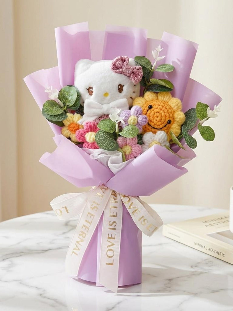 Hello Kitty Flower Bouquet | Crochet Rose Sunflower | Cute Plush Doll Gift for Her | Kawaii Anniversary Birthday | 35cm Knitted Home Decor ANNIVERSARY