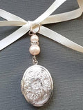 Wedding Bouquet Photo Charm Bridal Charm Oval Silver Bouquet Locket with pale Pink Pearls and Organza gift bag. Bouquet