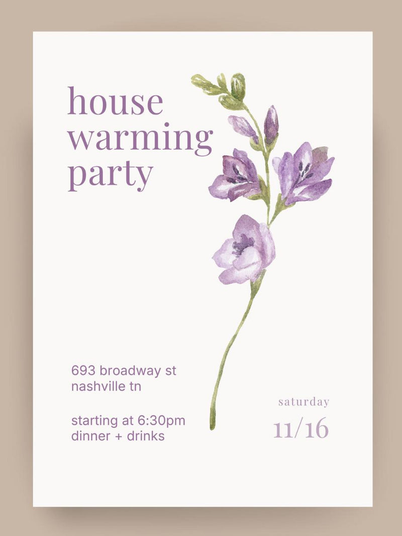 Lilac Housewarming Invitation Template | Editable Canva Invite | Modern Minimal Floral House Warming Party Invite | 5x7 Printable or Digital house warming flower