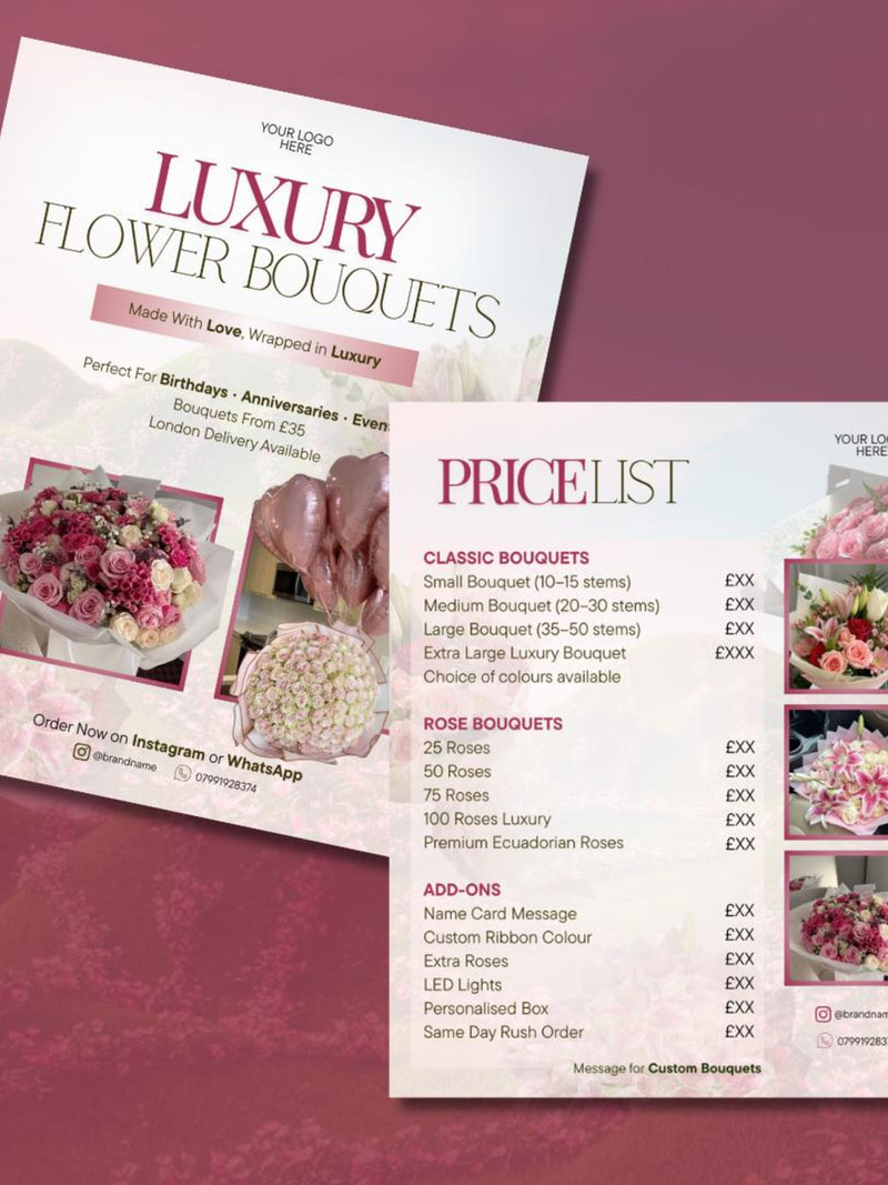 Editable Florist Business Flyer Template Set, Floral Shop Marketing, Flower Bouquet Promo Price List, Canva Editable Florist Price List FLOWER DELIVERY