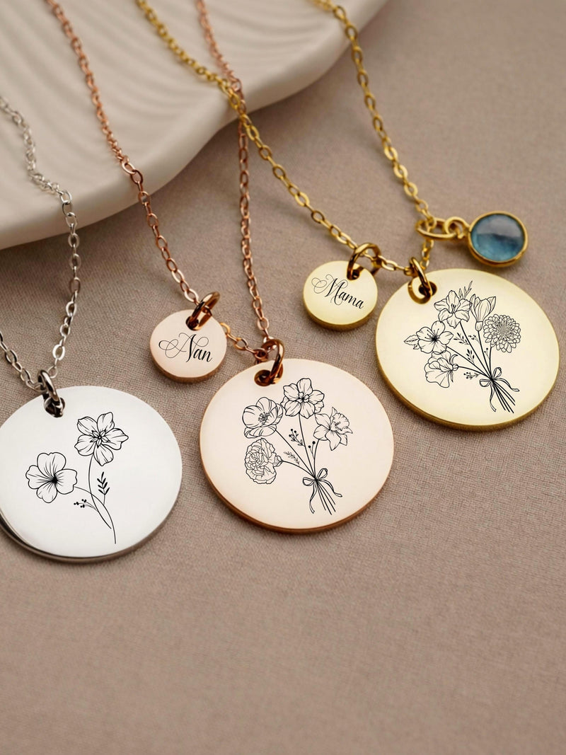 Combined Birth Flower Necklace, Custom Family Flower Bouquet Necklace, Gifts For Mom, Personalized Jewelry Gift Mom, Best Gift for Her birthday flower