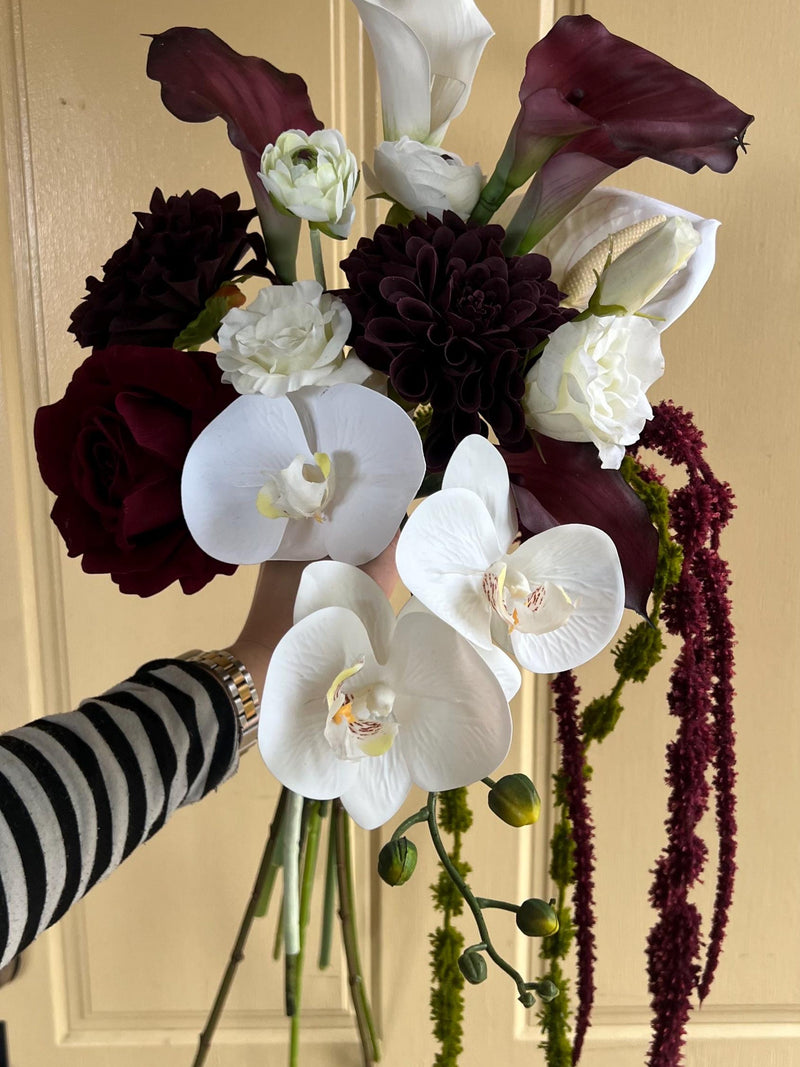 Burgundy Maroon White Green Silk Flower Bridal Bouquet: Dahliah, Rose, Lisianthus, Calla Lilies, Anthurium Cascading Orchid Amaranthus wedding flower