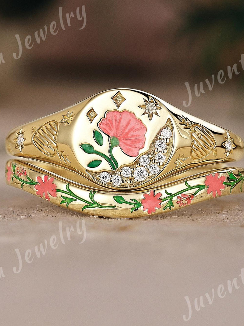 Nature Ring Birth Flower Enamel Ring Set Gold Signet Ring Hand-Painted Personalized Statement Birthday Gift Anniversary Jewelry for Women ANNIVERSARY