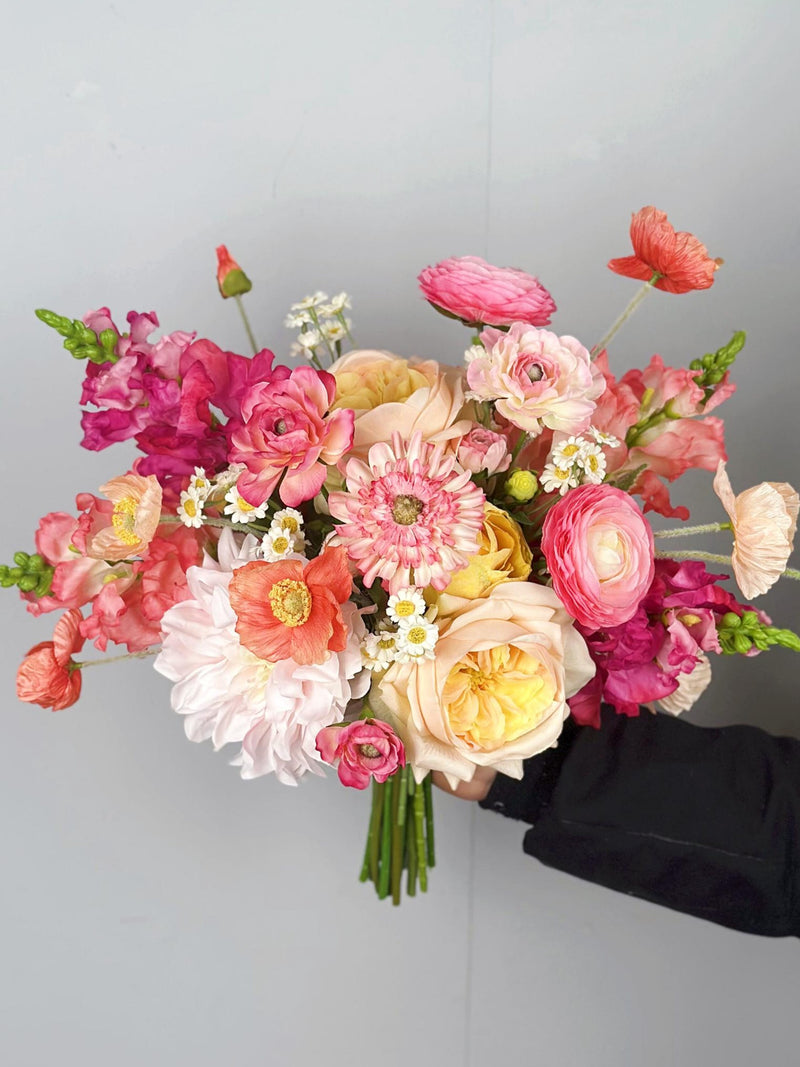 Bright Wildflower Bridal Bouquet, Hot Pink Summer Boho Wedding Flower, Design with Poppy, Daisy, Dahlia, Snapdragons and Ranunculus Bouquet