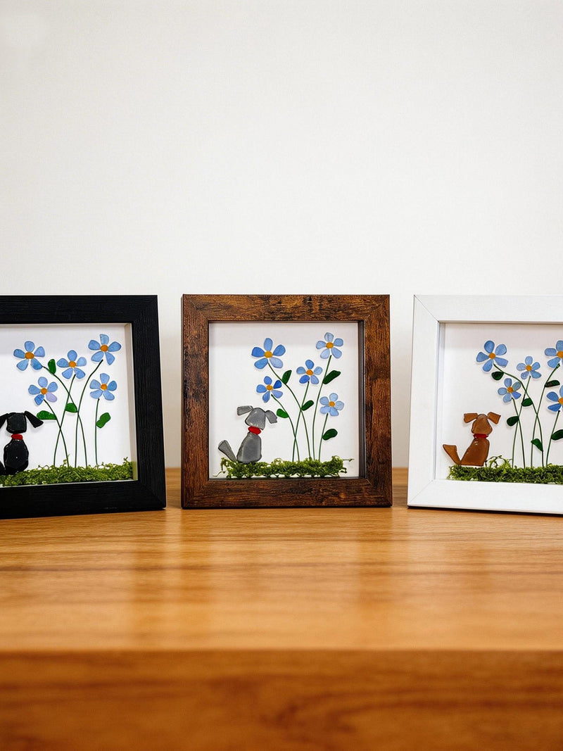 Sea glass art photo frame - Dog and forget-me-not flowers, in memory of a deceased dog, 5x5 inch frame, a dog funeral gifts sympathy flower