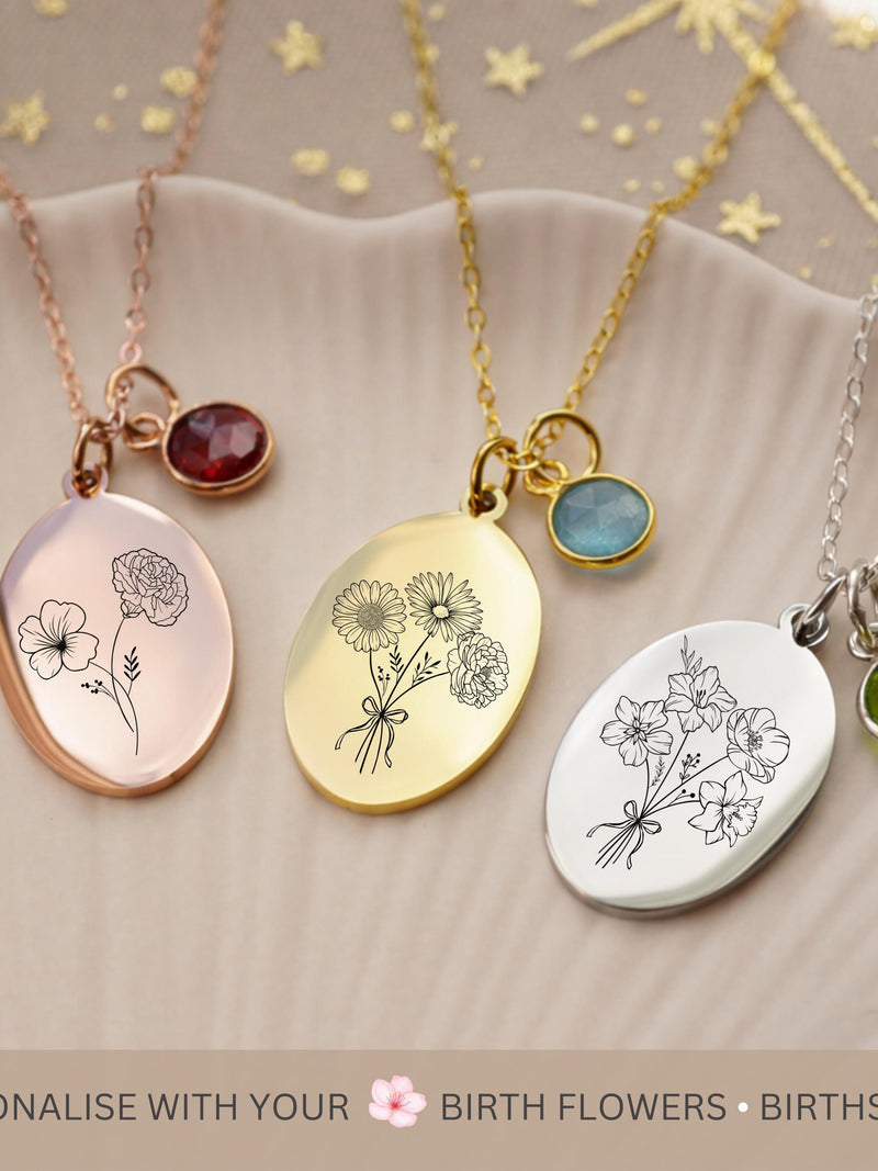 Combine Birth Flower Necklace, Personalized Gift For Mom, Unique Birthday Gift For Her, Family Birthflower Bouquet Necklace, Gifts for Mum birthday flower