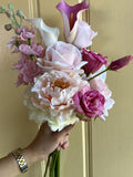Soft pink and fuchsia silk flower bridal bouquet: calla lilies, Lisianthus, roses, peonies, delphinium, Soft Romantic bouquet, Sweet dreamy Bouquet