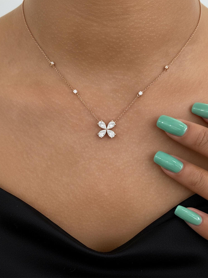 1.20 Carat Pear & Round Lab Grown Diamond Flower Inspire Yard Necklace, Minimalist Chain Necklace, 14K Gold, Wedding Anniversary Gift ANNIVERSARY