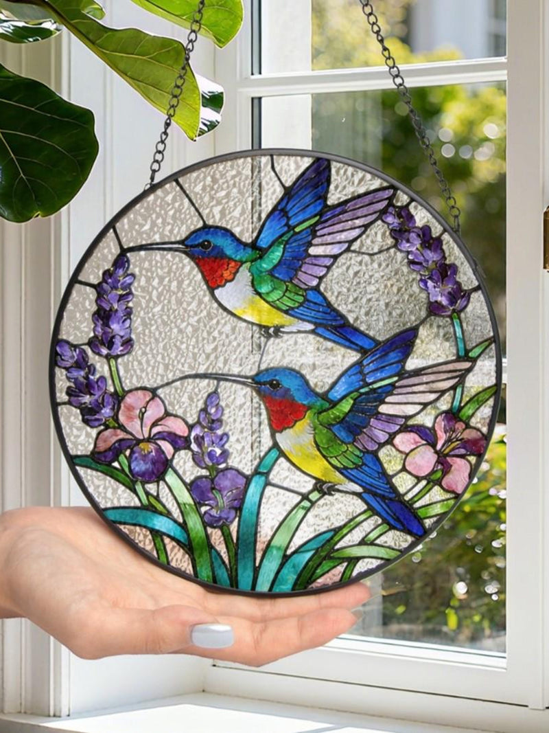 Hummingbird Flower Stained Glass Suncatcher, Light-Catching Window Hanging, Bird Floral Nature Sun Catcher Wall Art Gifts for Mom Grandma sympathy flower