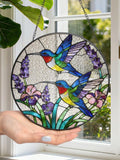 Hummingbird Flower Stained Glass Suncatcher, Light-Catching Window Hanging, Bird Floral Nature Sun Catcher Wall Art Gifts for Mom Grandma sympathy flower