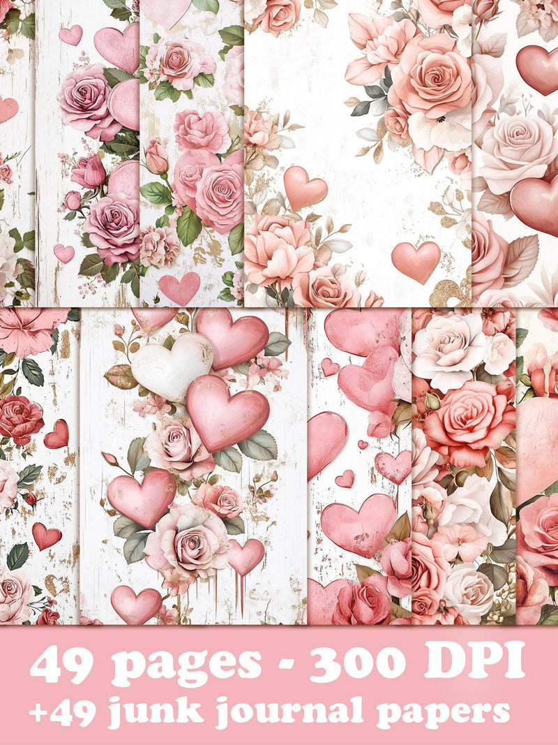 Pink Vintage Valentine Printable, Floral Heart Frames Digital Paper, Romantic Wedding Backgrounds, Junk Journal Pages Love Romance Flower