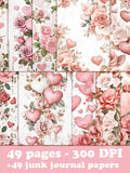 Pink Vintage Valentine Printable, Floral Heart Frames Digital Paper, Romantic Wedding Backgrounds, Junk Journal Pages Love Romance Flower
