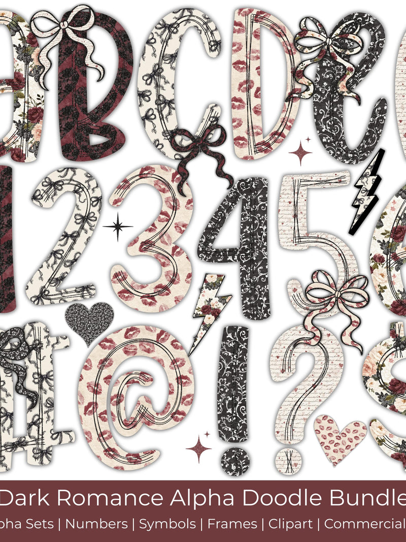 Dark Romance Alpha Doodle Bundle | Gothic Valentine Letters, Numbers, Frames, Clipart & Symbols | PNG Sublimation Love Romance Flower