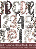 Dark Romance Alpha Doodle Bundle | Gothic Valentine Letters, Numbers, Frames, Clipart & Symbols | PNG Sublimation Love Romance Flower