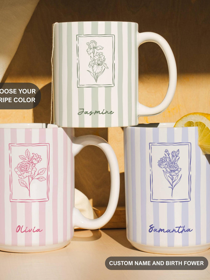 Custom Birth Flower and Name Mug Personalized Birthday and Holiday Gift for Her, Birth Month Mug for Mom or Friend Thirties Forties Bday birthday flower
