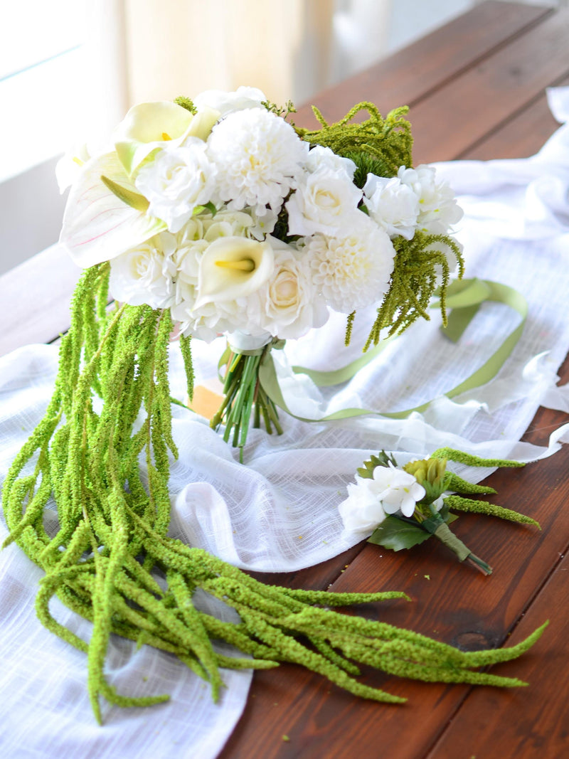 White and Green Cascading Wedding Bouquet Ð Elegant Calla Lily and Rose Bridal Flowers Bouquet