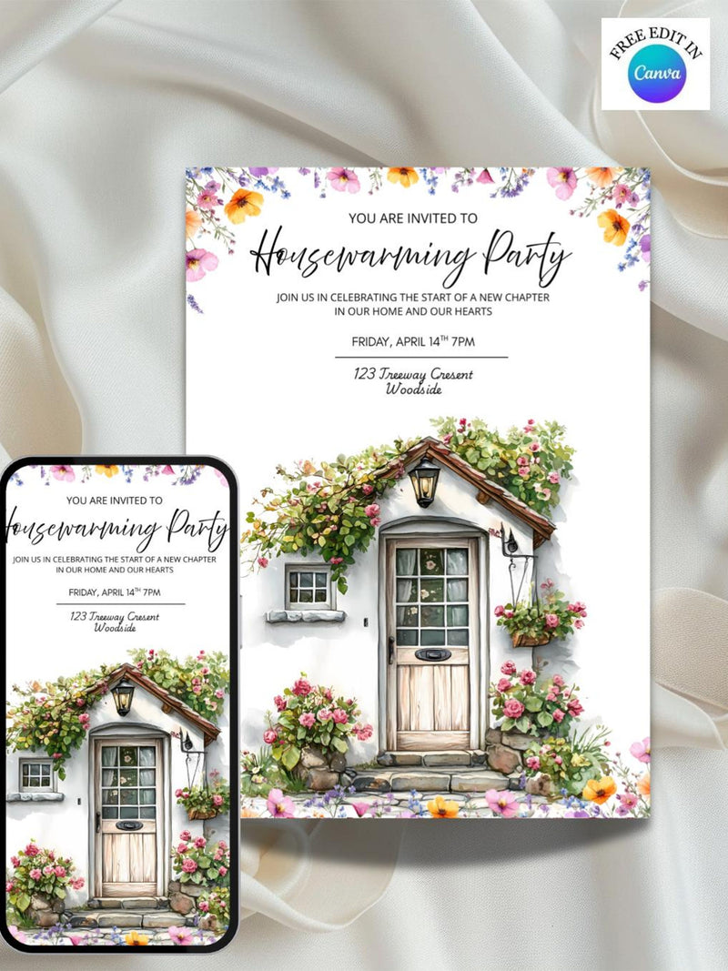 Floral Housewarming Invitation Template, Modern New Home Party (Digital Download Canva Template house warming flower