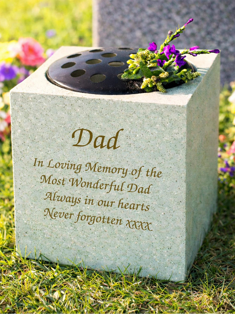 Memorial grave vase in light gray stone with engraved 'Dad' and loving memory message