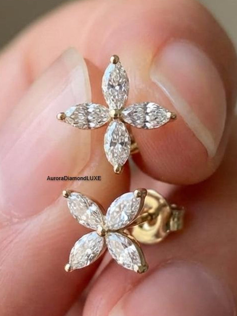14K Gold Marquise Diamond Flower Earrings, Floral Cluster Studs ANNIVERSARY