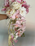 Pastel pink, white Lily and rose cascading orchid bridal bouquet, pink and white lilies, roses, ranunculus, peony, blush orchid, amaranthus Bouquet