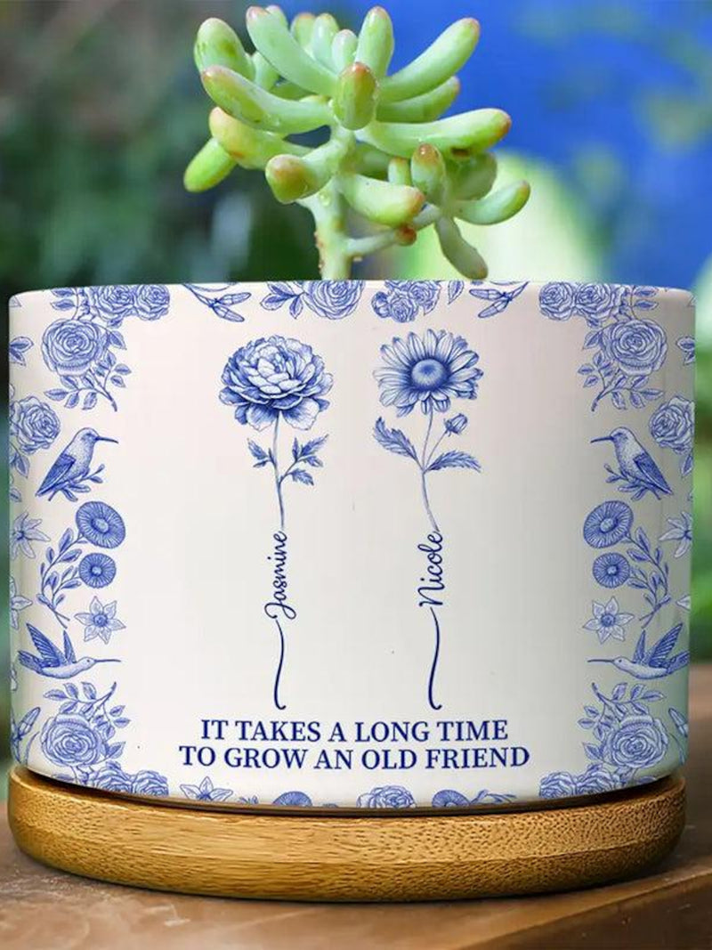 Personalized Birth Flower Plant Pot, Toile de Jouy Ceramic Planter for BestFriend, It Takes A Long Time To Grow An Old Friend birthday flower