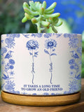 Personalized Birth Flower Plant Pot, Toile de Jouy Ceramic Planter for BestFriend, It Takes A Long Time To Grow An Old Friend birthday flower