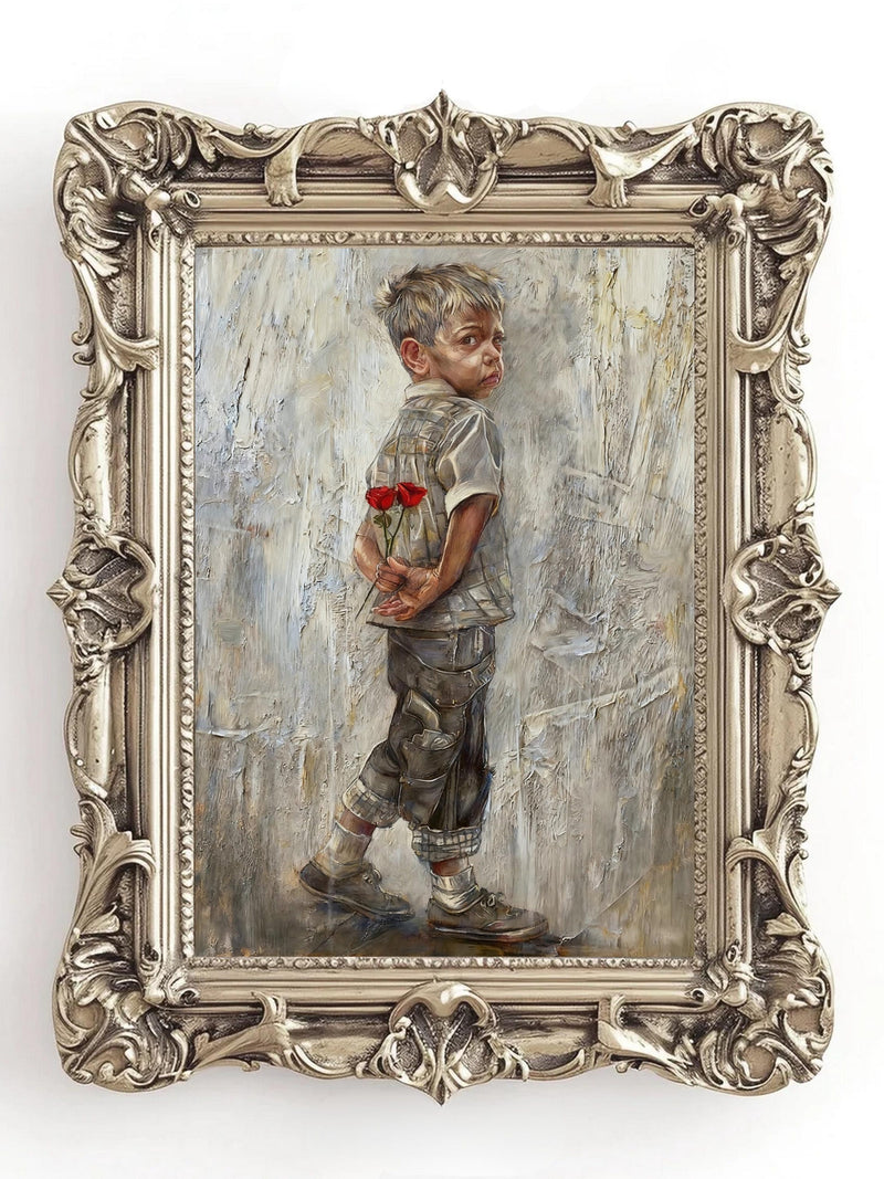 Shy Boy with Roses Oil Painting | Vintage Valentine | First Love Print | Mother's Day Gift from Son | Rustic Farmhouse | Nostalgic Wall Art Love Romance Flower