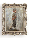 Shy Boy with Roses Oil Painting | Vintage Valentine | First Love Print | Mother's Day Gift from Son | Rustic Farmhouse | Nostalgic Wall Art Love Romance Flower
