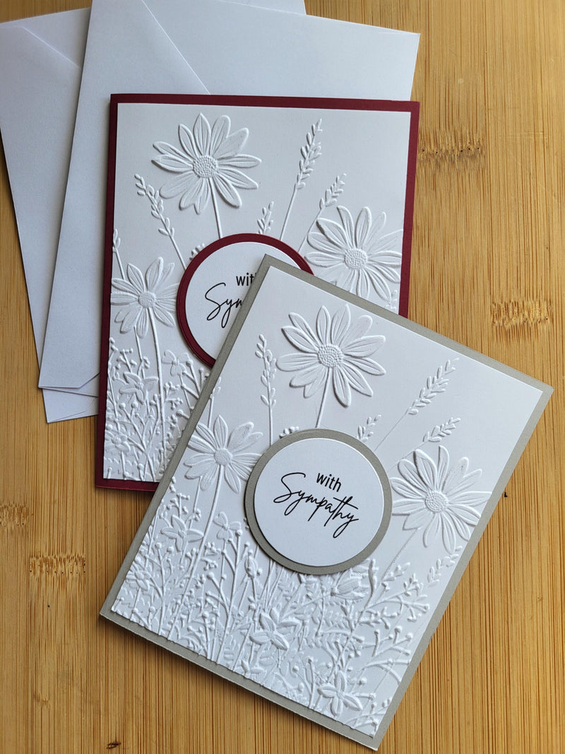 With Sympathy Handmade Notecard Set With Daisy Garden Embossing In Various Colour Sets Blank Inside or With Scripture Verse 2 Cor - Set of 2 sympathy flower