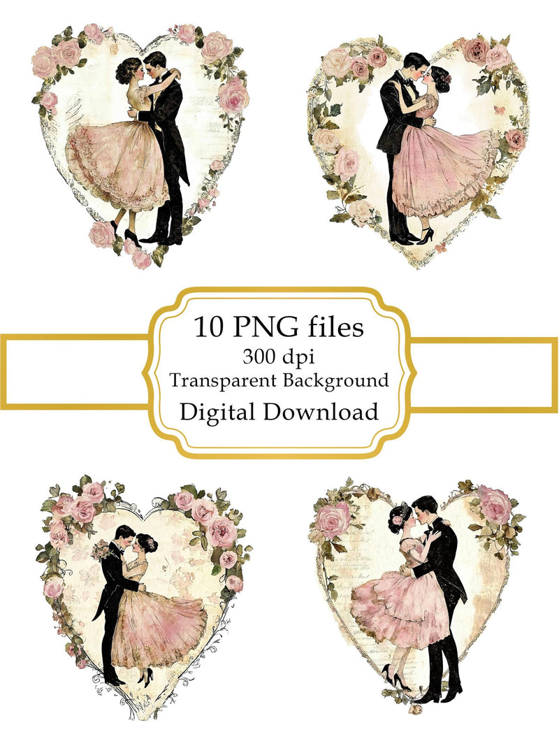 Vintage Romantic Couple Dancing  In Floral Heart PNG Clipart Bundle- Digital Download Love Romance Flower
