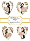 Vintage Romantic Couple Dancing  In Floral Heart PNG Clipart Bundle- Digital Download Love Romance Flower