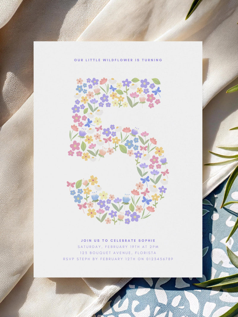 5th Wildflower Invitation for Girl Flower Birthday Digital Template Flower Invite Editable Download Fifth Birthday Spring Pastel HS0004 birthday flower