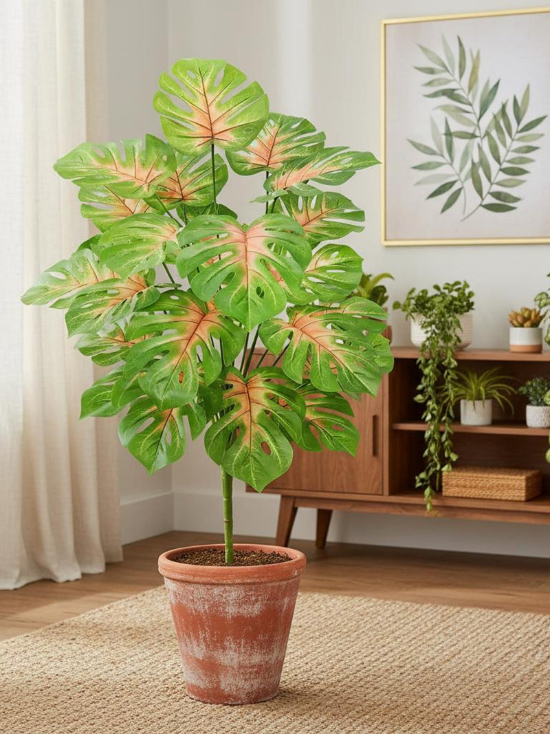Faux Red Vein Monstera | Large Artificial Floor Plant | Tropical Indoor Decor faux plants