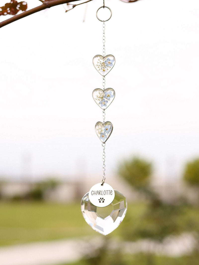 Engrave Name Pet Memorial Crystal Suncatcher, Forget Me Not Pressed Flowers, Pet Remembrance Gift sympathy flower
