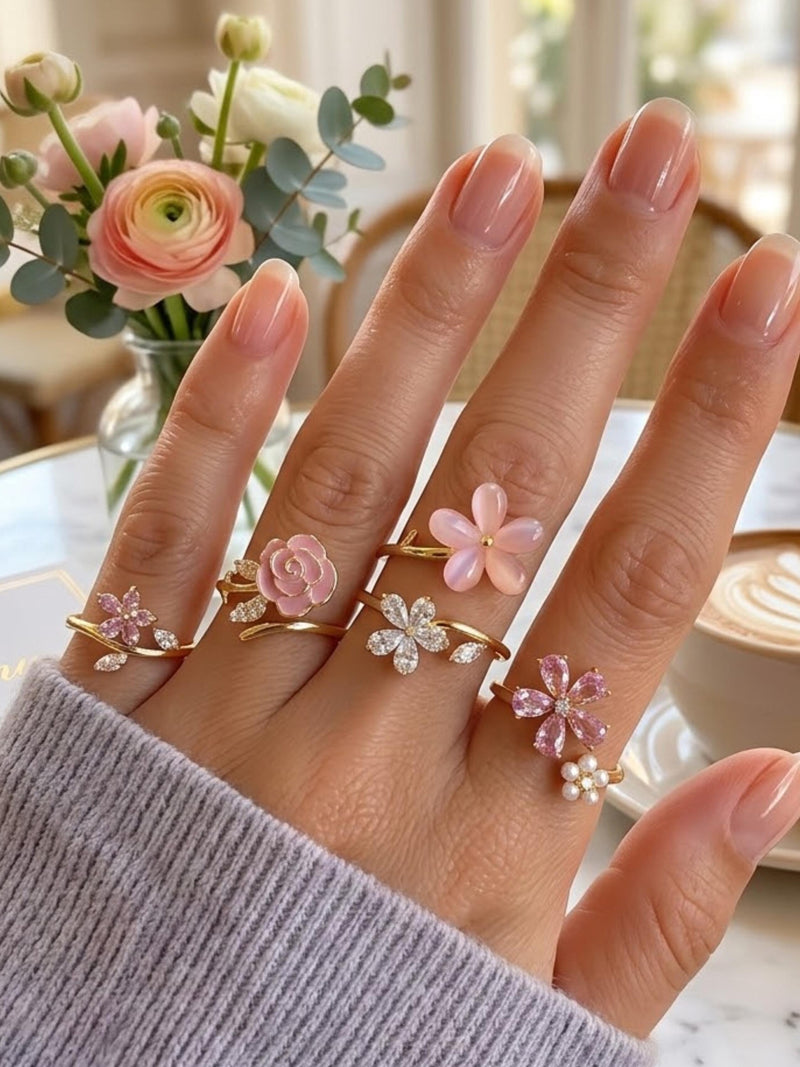 Floral Ring Set Gold Adjustable Flower Rings Pink Crystal Jewelry Gift for Her ANNIVERSARY
