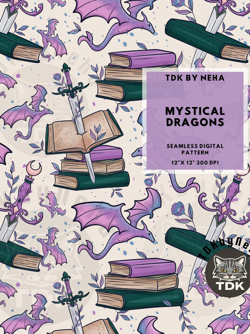 Magical Dragon Book Seamless Pattern for Fabric Printing Reading Digital Paper Fantasy Bookish Seamless Sublimation book love Wrap Wallpaper Love Romance Flower