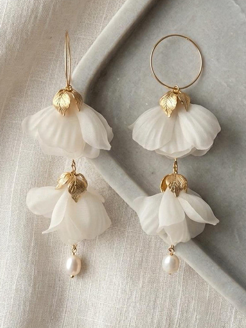 Floral Bridal Earrings, Handmade Silk Flower Pearl Statement hoops, Boho Bridal Wedding Jewelry Alice silk flower