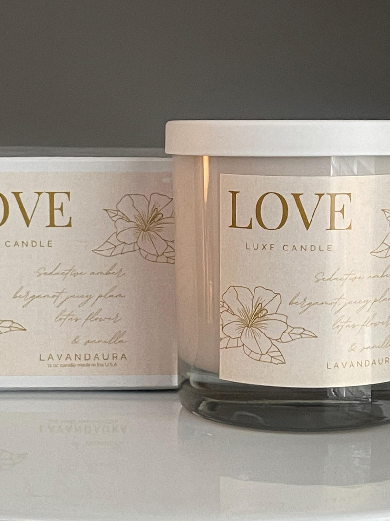 LOVE Natural Soy Wax Candle is a seductive blend of amber, bergamot, juicy plum, lotus flower, and vanilla. Love Romance Flower