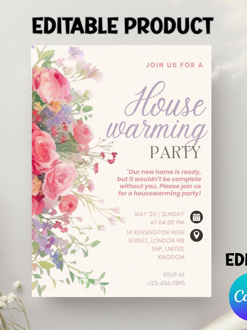 Pink Floral Housewarming Invitation, Editable Canva Template (Digital Download) house warming flower