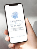 Personalised watercolor wedding save-the-date invitation on phone, blue flowers, text layout
