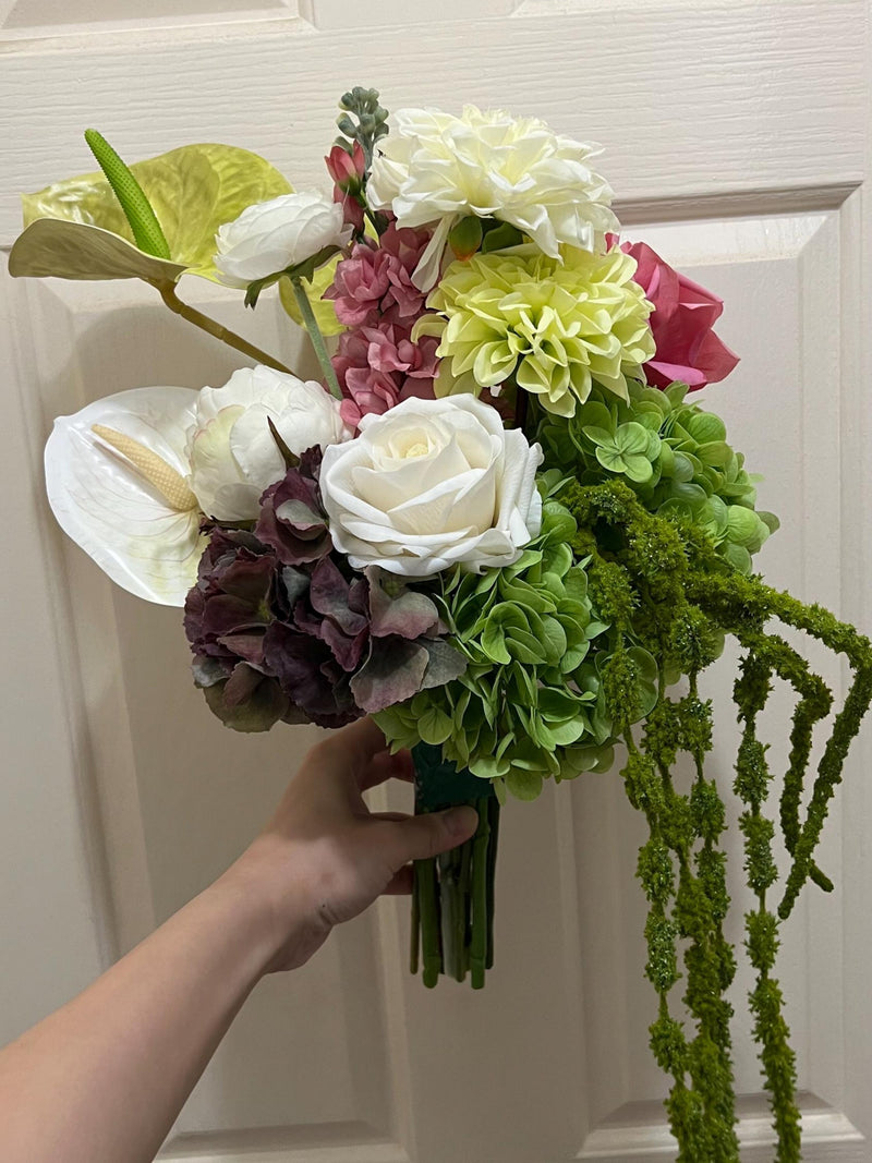 Burgundy Mulbury White Crisp Green Cascading Bridal Bouquet: anthurium, amaranthus, orchid, calla lily, dahlia silk flower bridal bouquet Bouquet