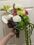 Burgundy Mulbury White Crisp Green Cascading Bridal Bouquet: anthurium, amaranthus, orchid, calla lily, dahlia silk flower bridal bouquet Bouquet