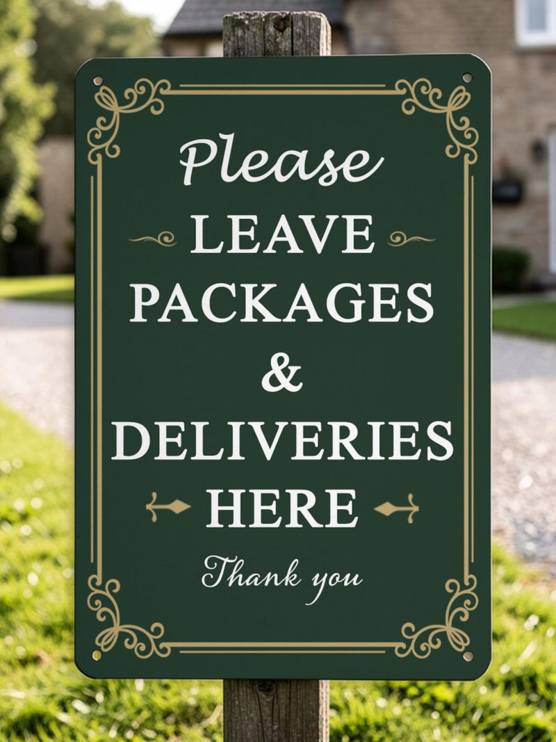 Dark green package delivery sign: Please leave packages & deliveries here, Thank you.